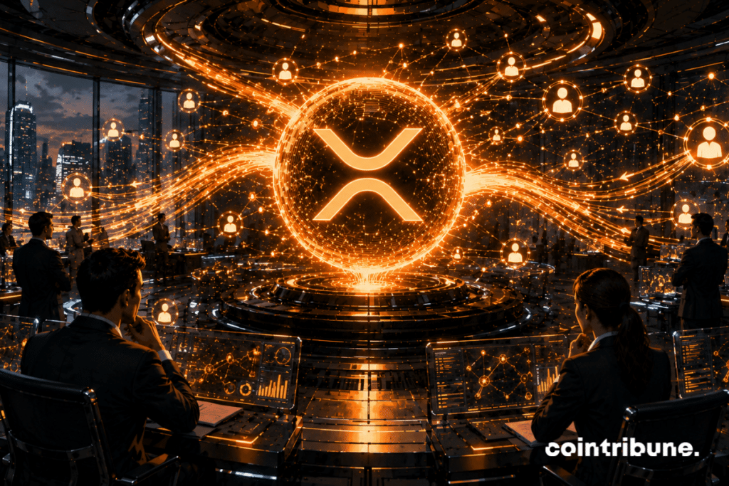 In a massive futuristic crypto financial center, institutional investors and analysts observing a surge in XRP activity driven by ETF.