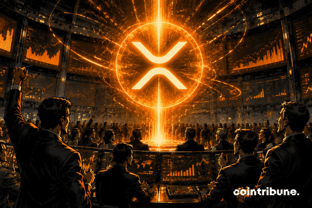 In an elegant trading room, traders and fund managers are facing a central source of light. A column of XRP energy rises toward the ceiling.