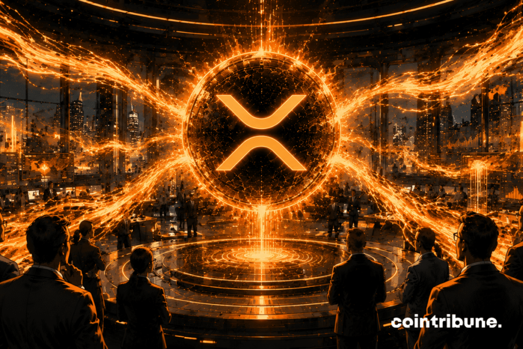 In a huge futuristic financial hall, institutional investors observe massive streams of energy. A stable XRP sphere stands at the center while gigantic luminous ETF flows converge toward it.
