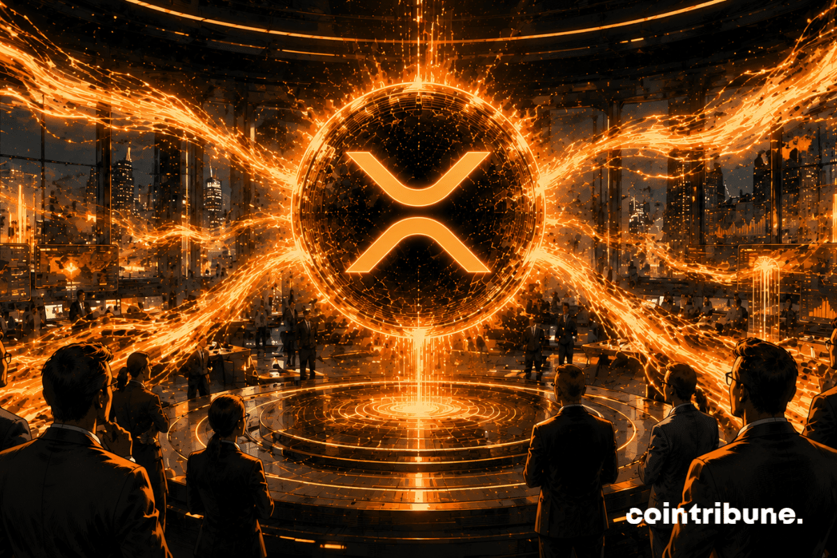 In a huge futuristic financial hall, institutional investors observe massive streams of energy. A stable XRP sphere stands at the center while gigantic luminous ETF flows converge toward it.