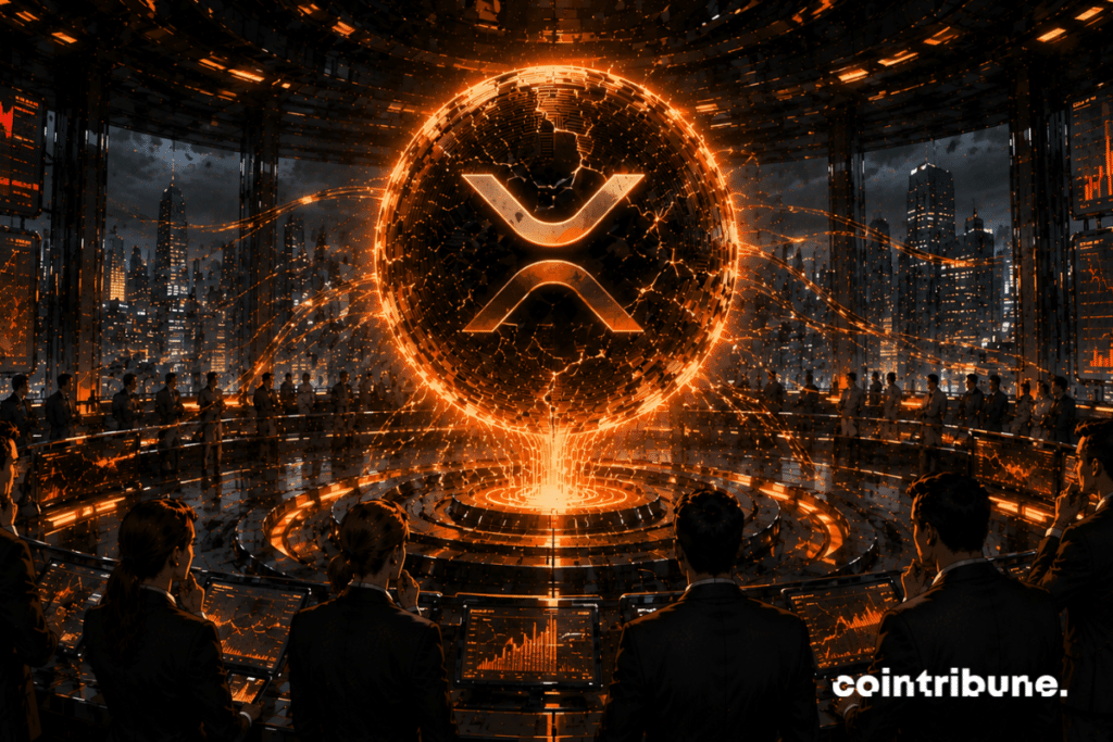 Dans une salle de marché crypto futuriste, des analystes observent des flux énergétiques XRP qui diminuent progressivement. Une sphère XRP dont le halo énergétique faiblit se fissure légèrement.