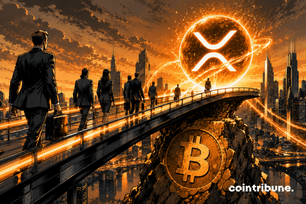 Sur un pont futuriste suspendu, des investisseurs institutionnels avancent ensemble. Une immense sphère lumineuse XRP évolue au-dessus d’un pilier massif inspiré du Bitcoin.