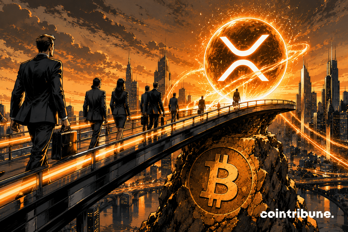 On a futuristic suspended bridge, institutional investors move forward together. A massive glowing XRP sphere hovers above a huge pillar inspired by Bitcoin.