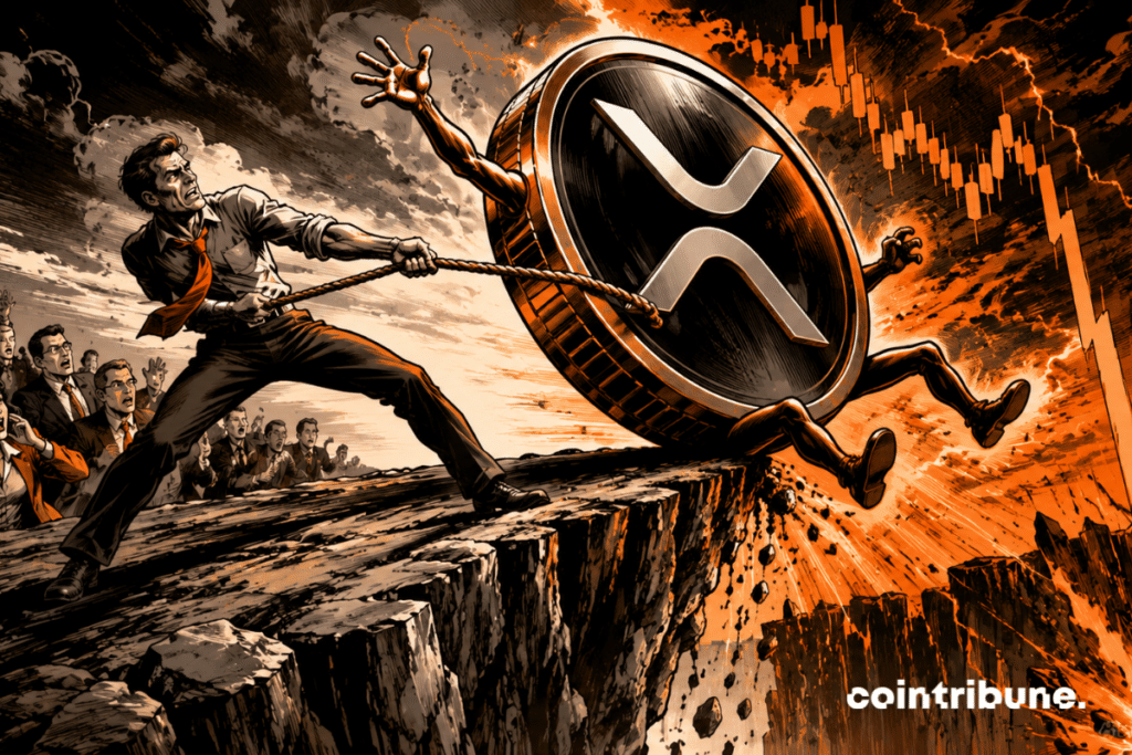 Une gigantesque pièce XRP anthropomorphique glisse au bord d’une falaise. Un investisseur tente désespérément de la retenir avec une corde.