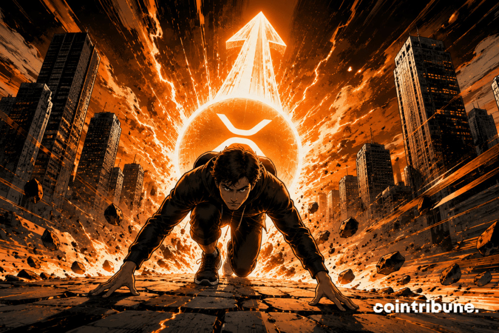 Un individu accroupi au sol représentant le XRP s’apprête à bondir. Une énergie lumineuse s’accumule autour de lui.