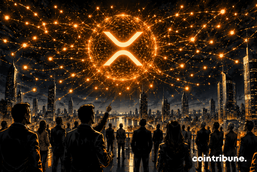 On a futuristic nighttime skyline, a crowd of investors watches the sky. A giant constellation formed by thousands of glowing points is connected around an XRP symbol.