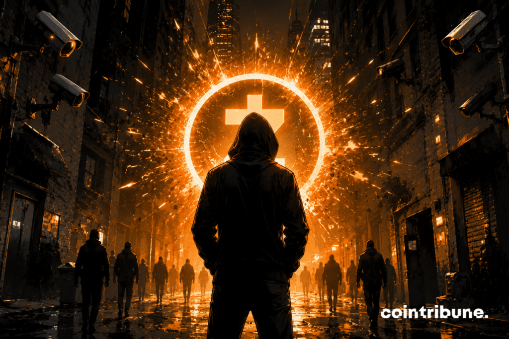 Une silhouette encapuchonnée se trouve dans une ruelle urbaine sombre. Un symbole lumineux abstrait (Zcash) explose de lumière derrière lui.