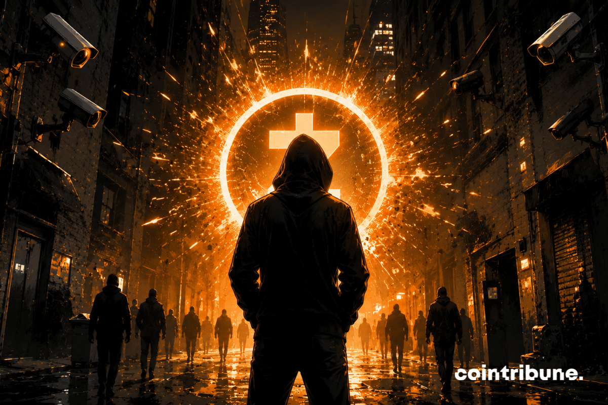 A hooded figure stands in a dark urban alley. An abstract glowing symbol (Zcash) bursts with light behind them.