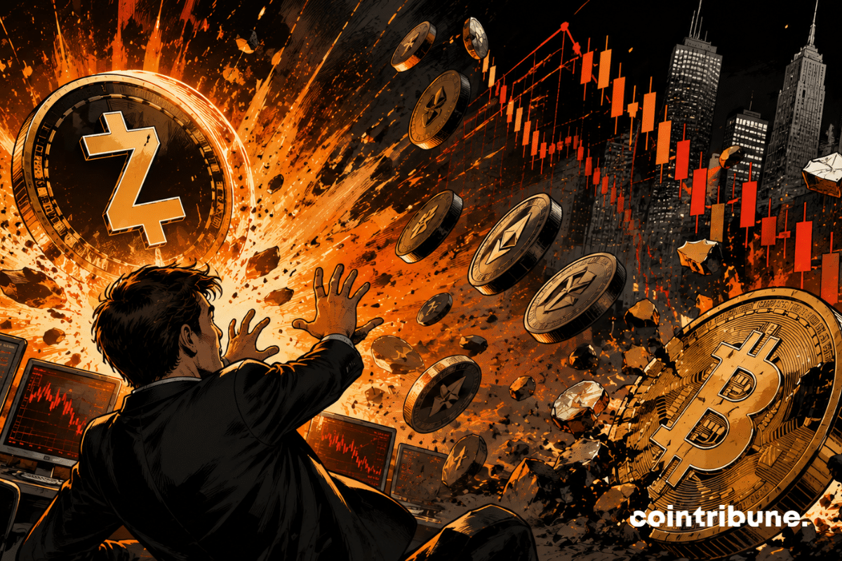 A trader steps back as an explosion erupts. A Zcash coin bursts in front of him.
