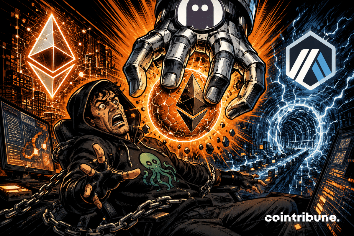 An AAVE hacker panicked, caught between Ethereum and Arbitrum, as a giant mechanical hand brutally liquidated his rsETH assets.