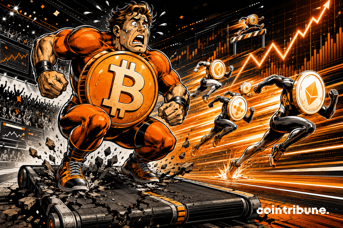 Illustration style comics montrant Bitcoin piétinant sur un tapis roulant fissuré pendant que plusieurs altcoins le dépassent à grande vitesse.