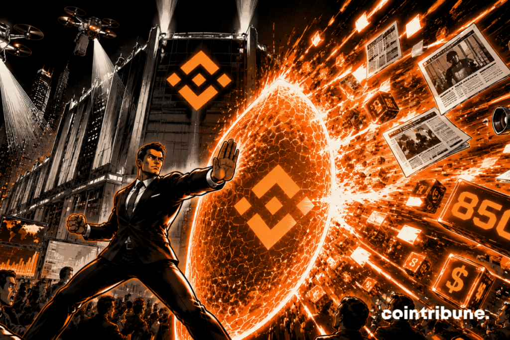 Binance under media siege, orange energy shield, drones, journalists, financial crisis, cyberpunk, digital attacks, geopolitical tension, spectacular defense, panicked traders