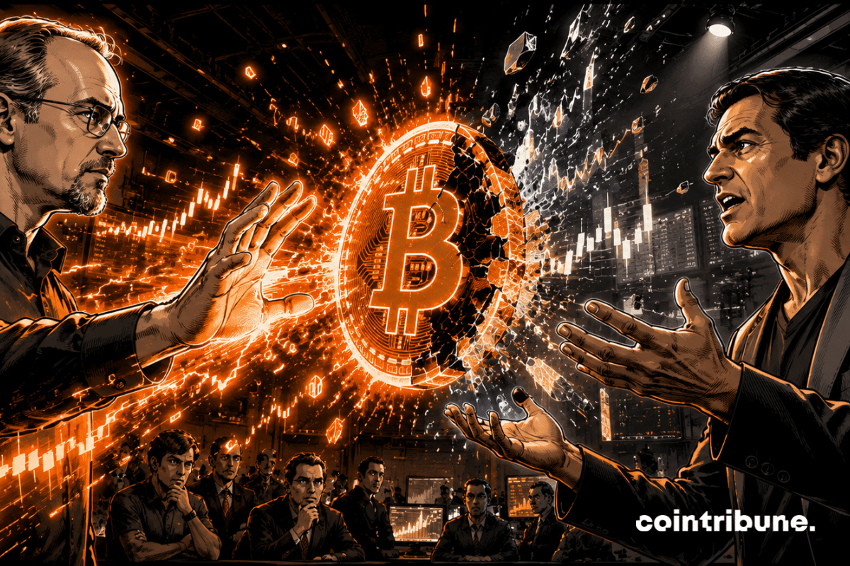 crypto showdown Adam Back Mark Cuban Bitcoin holographic hacked financial data traders media hype orange energy spectacular showdown cyberpunk conflicting analyses