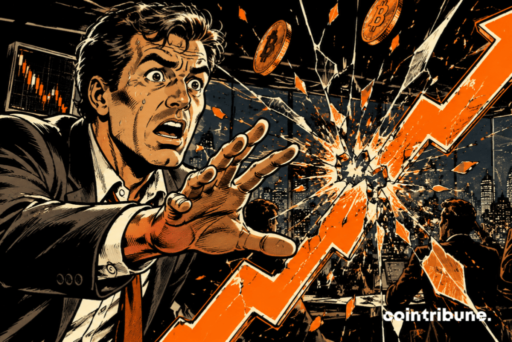 A panicked trader watches the Bitcoin price curve soar as the crypto market descends into financial chaos.
