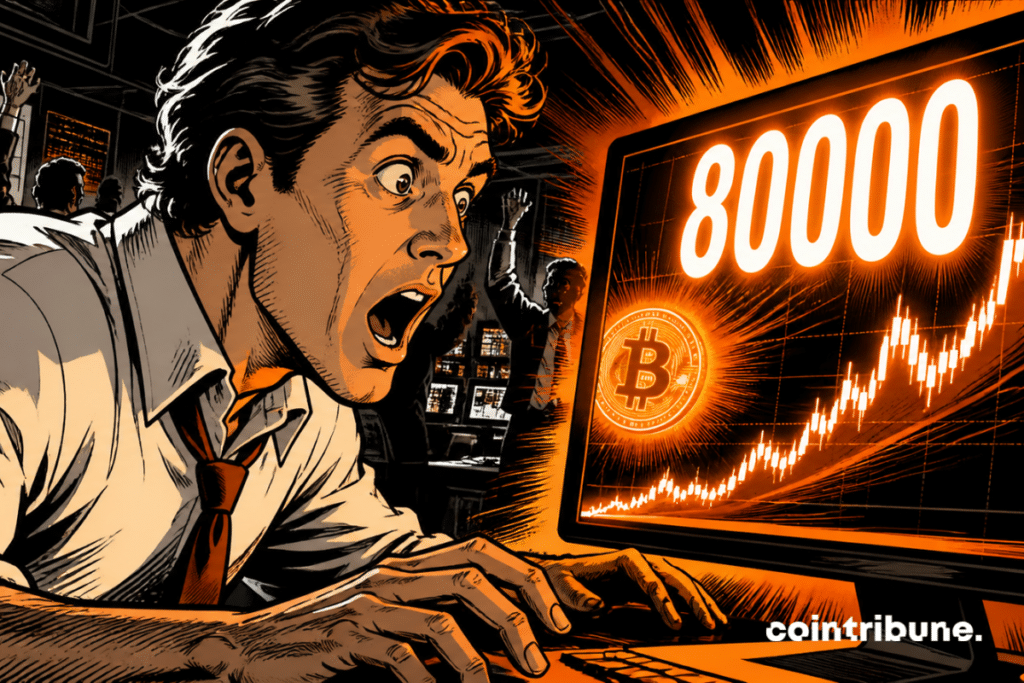 Trader Bitcoin stupéfait face à écran lumineux affichant 80000, ambiance explosive, collègues en arrière-plan, style comics dramatique noir orange années 70.