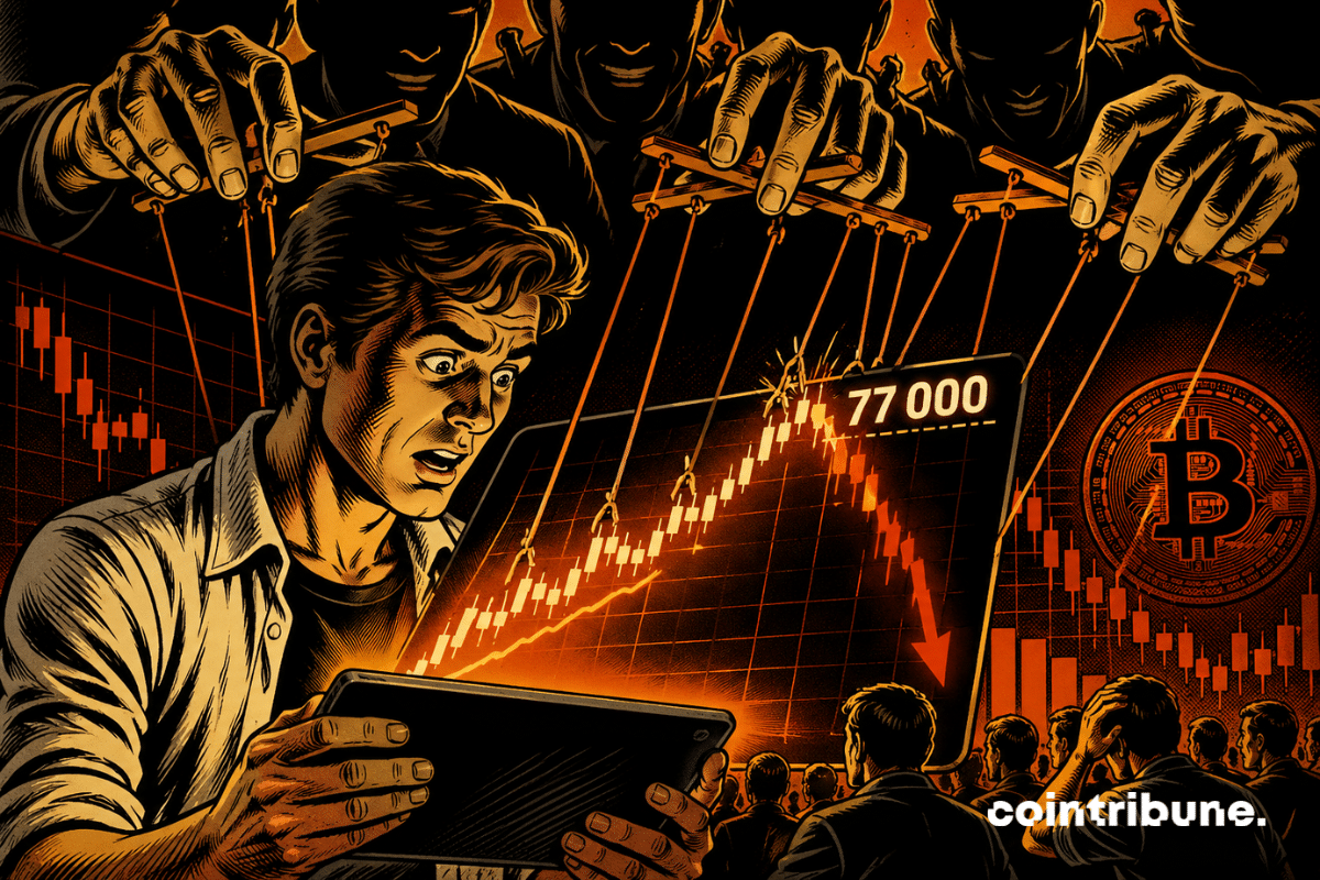 Trader en shock manipulado por titiriteros controlando la caída del Bitcoin