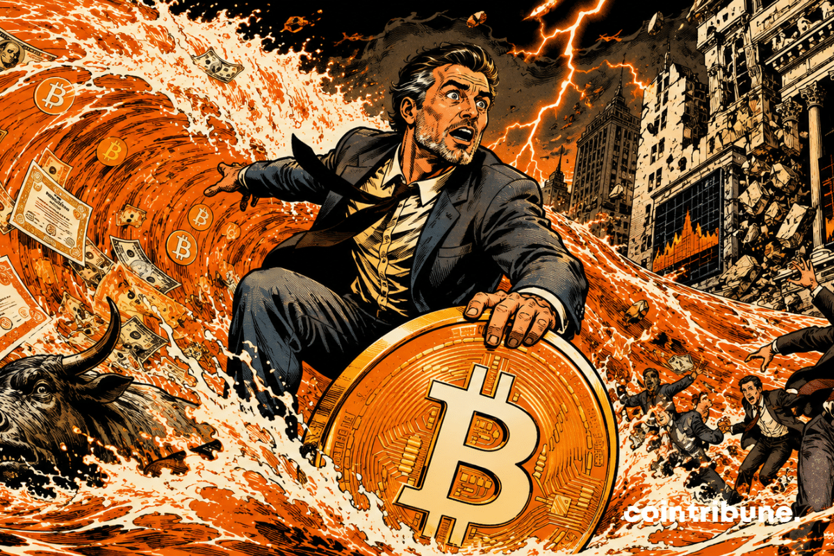 An investor riding a giant Bitcoin faces a tsunami of cash that is devastating Wall Street amid financial chaos.