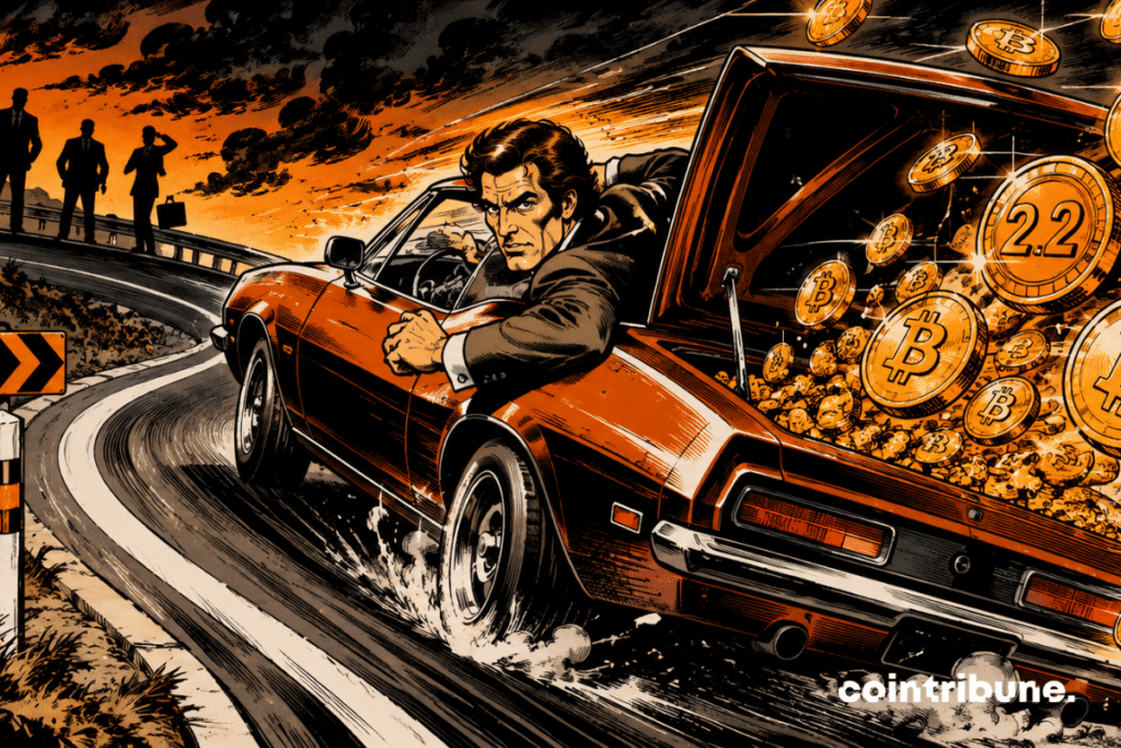 Voiture sportive dérape dans virage, trader déterminé, pluie de bitcoins orange marqués 2.2, silhouettes en arrière, tension stratégique extrême intense