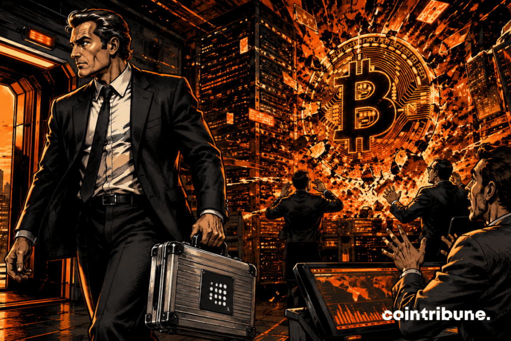 executivo abandona estratégia de Bitcoin, mercado de criptomoedas em crise, traders em pânico, explosão digital, Orange, desistência financeira, cyberpunk, retirada estratégica abrupta