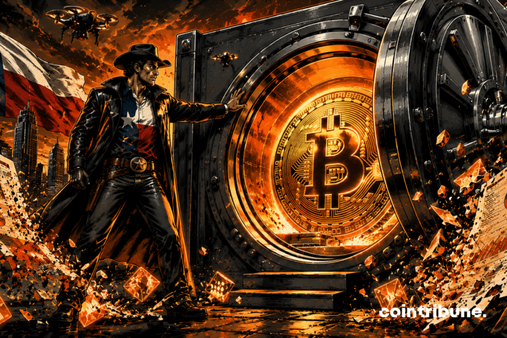 Texas cowboy protects Bitcoin reserve, giant safe, financial drones, cyberpunk storm, crypto sovereignty, explosive ETF documents, intense orange