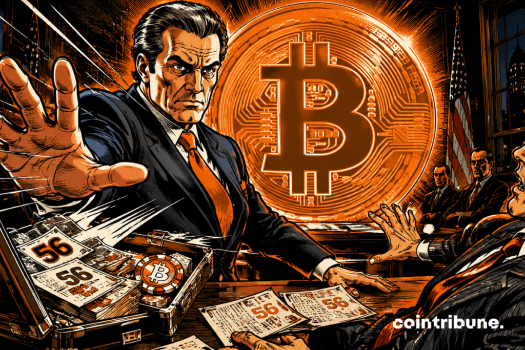 An executive vehemently rejects a massive financial offer, while a colossal Bitcoin illuminates a boardroom filled with dramatic tension.