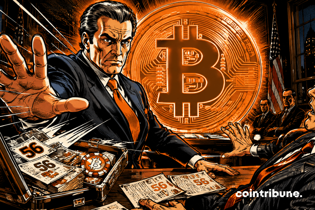 An executive vehemently rejects a massive financial offer, while a colossal Bitcoin illuminates a boardroom filled with dramatic tension.