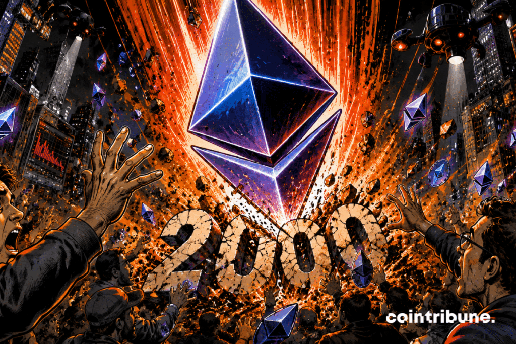 Ethereum Plummets Below ,000; Panicked Crowd, Crypto FOMO, Orange Explosion, Hysterical Traders, Cyberpunk City, Digital Financial Chaos