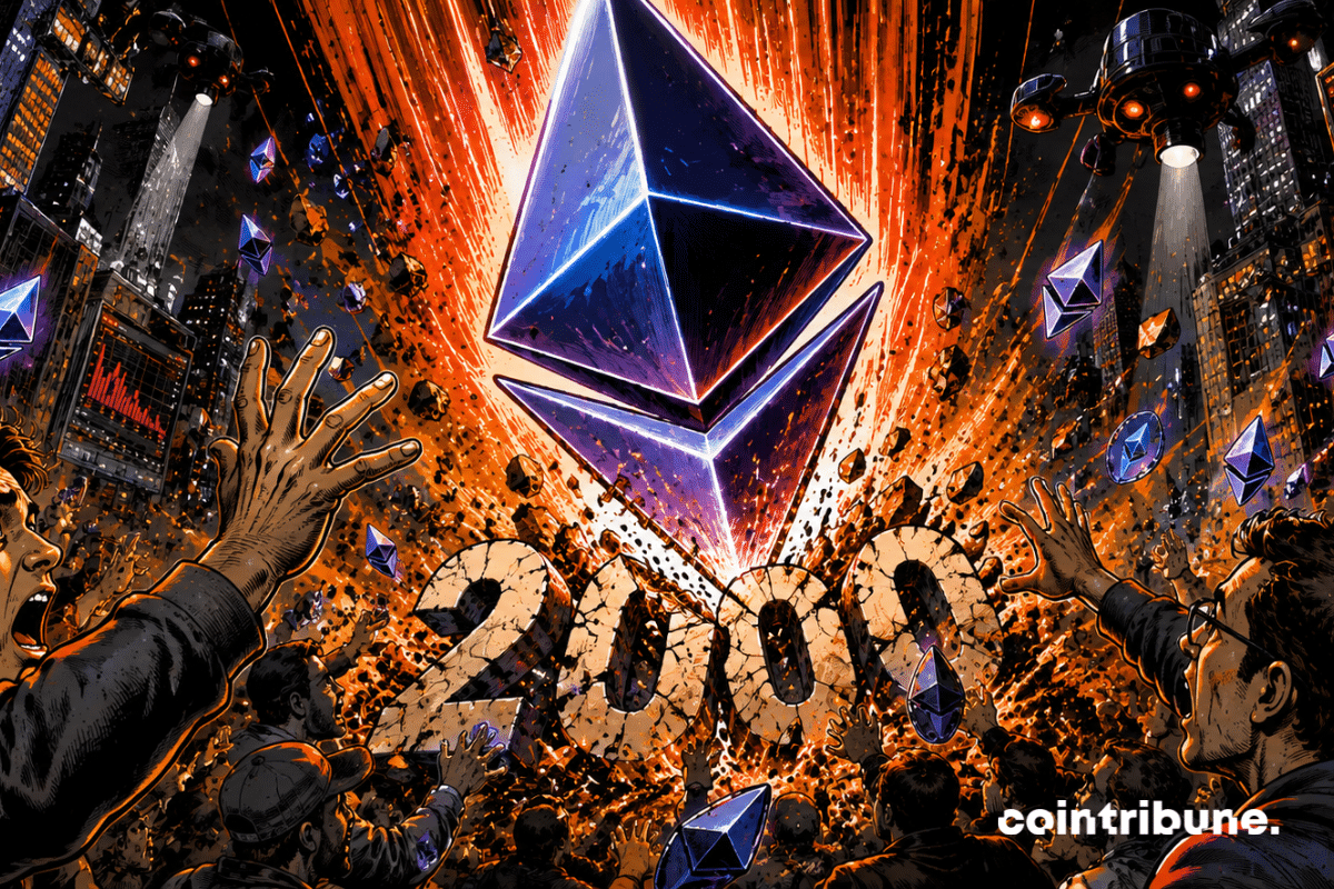 Ethereum Plummets Below $2,000; Panicked Crowd, Crypto FOMO, Orange Explosion, Hysterical Traders, Cyberpunk City, Digital Financial Chaos