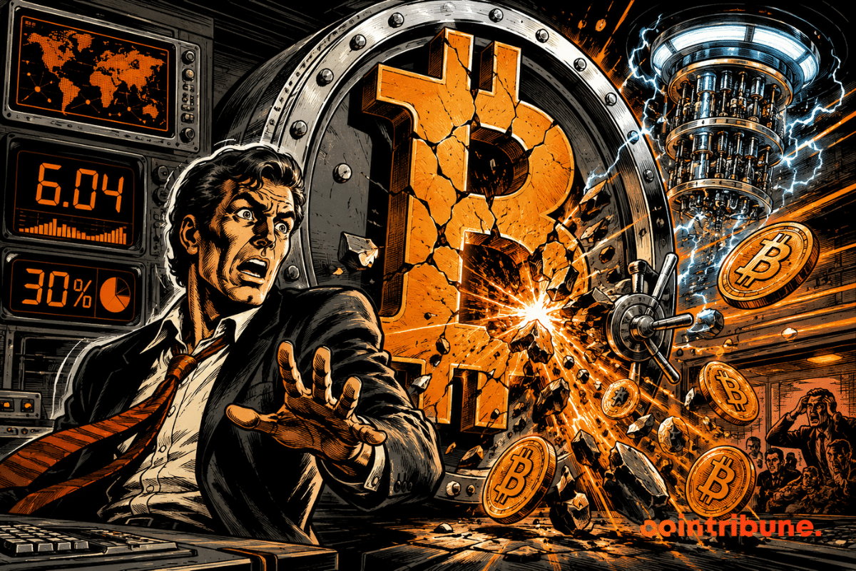 Bitcoin fracturé sous une menace quantique dans un chaos futuriste inquiétant