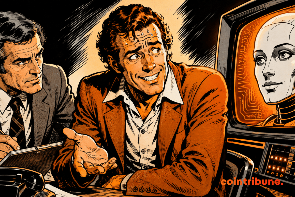 An agitated customer lies to a bright AI chatbot while a human agent watches, set against a dramatic, retro comic-book-style orange backdrop.