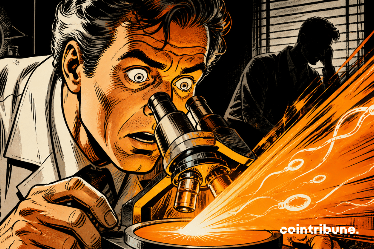 A stunned scientist looks through an AI microscope projecting orange light that reveals invisible sperm, with an anxious figure in the background and a dramatic, high-contrast 1970s comic book atmosphere