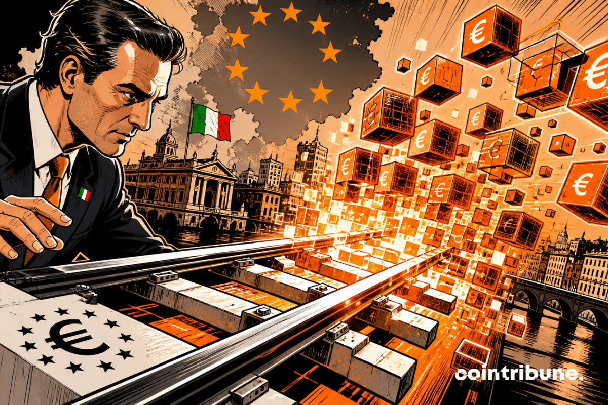 An Italian banker watches as the euro's financial rails transform into orange digital cubes, symbolizing the tokenization of the SEPA system under European influence