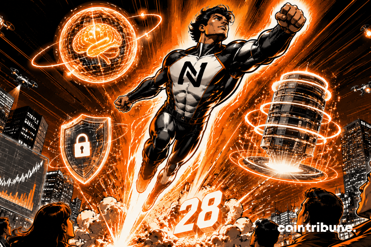 héros futuriste NEAR IA envol explosif intelligence artificielle cybersécurité scalabilité ville cyberpunk traders drones énergie orange ascension spectaculaire blockchain profitable
