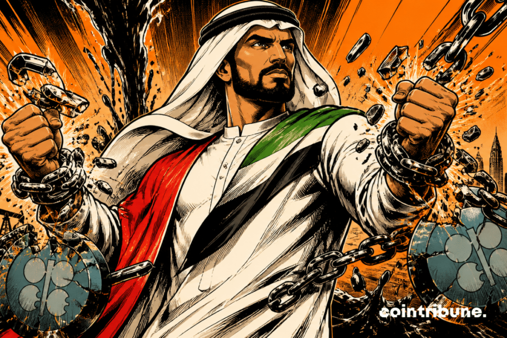 An Emirati man from OPEC breaks explosive chains; oil gushes forth; a desert skyline; vintage comic book style; power; the release of energy; dramatic black-and-orange contrast