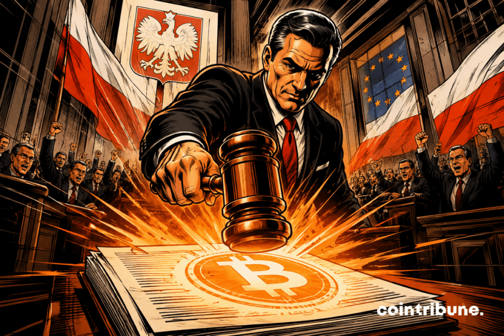 Un diputado polaco aprueba de forma contundente una controvertida ley sobre criptomonedas, iluminando el parlamento con una espectacular explosión naranja de bitcoins.