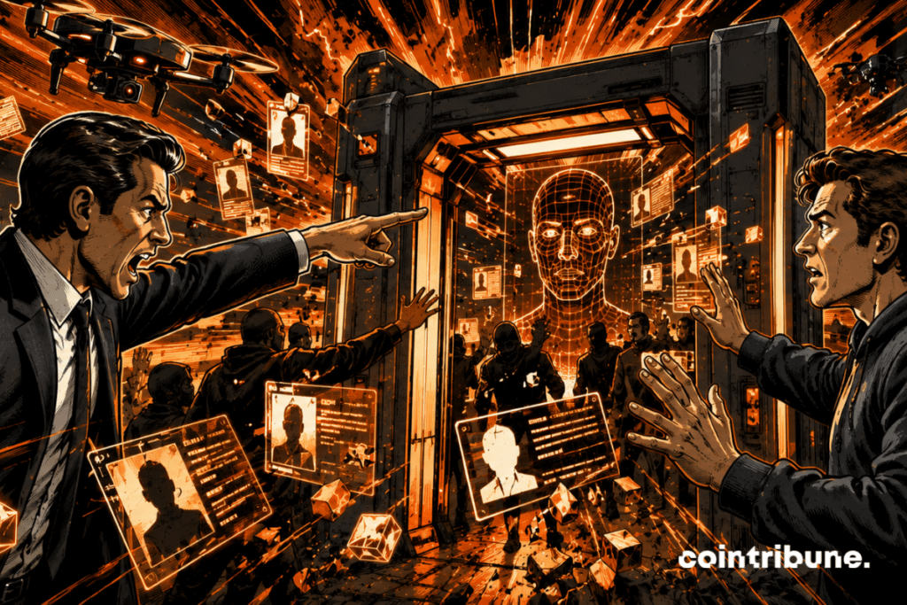 Polymarket : confrontation KYC cyberpunk checkpoint numérique traders anonymes drones surveillance tension réglementaire plateformes crypto colère publique sécurité financière explosive