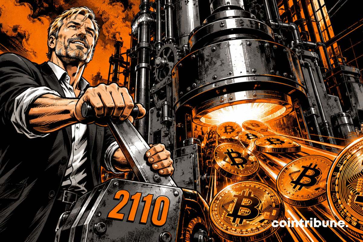 Michael Saylor actionne une gigantesque machine industrielle crachant des bitcoins flamboyants, sous regards stupéfaits, dans une ambiance comics rétro explosive.