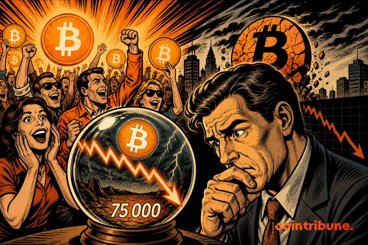 Illustration showing social euphoria around Bitcoin, with a crystal ball signaling a possible pullback toward $75,000 in the crypto market.