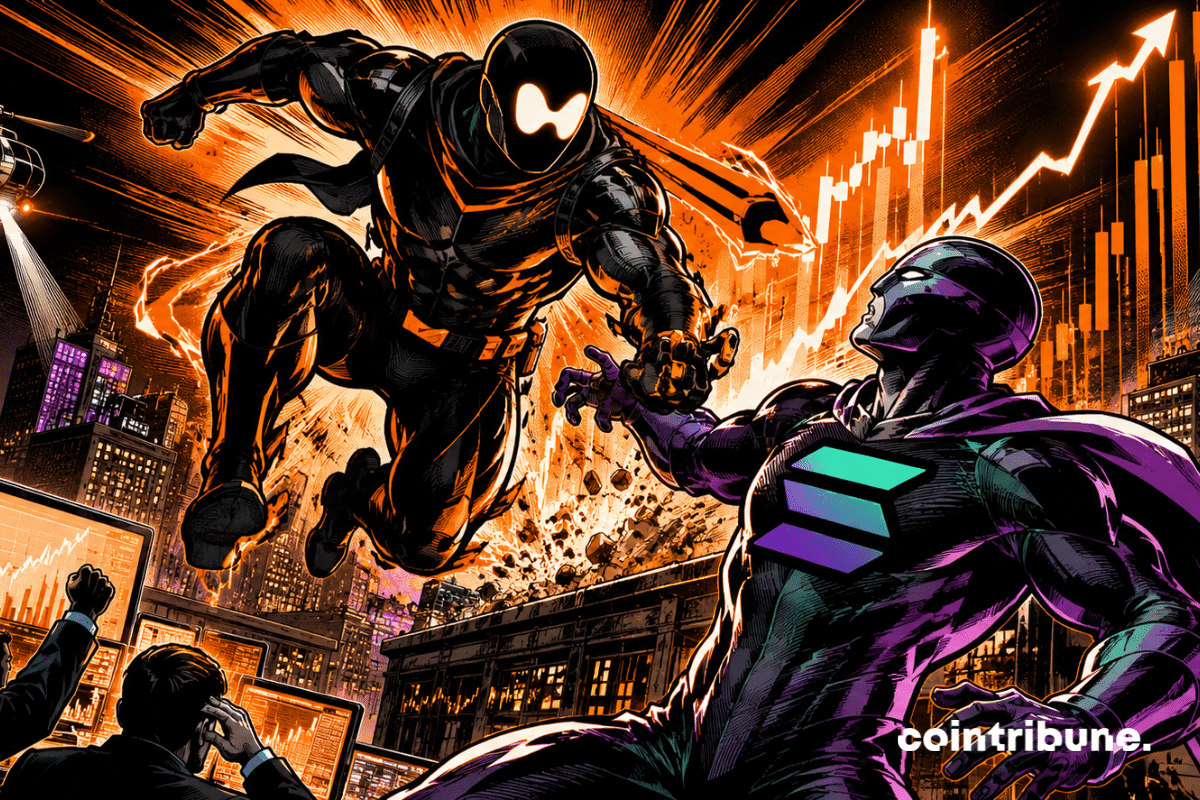 crypto robot battle Hyperliquid Solana cyberpunk city traders graphics orange explosion dynamic neon energy futuristic rooftop titanic battle visuals