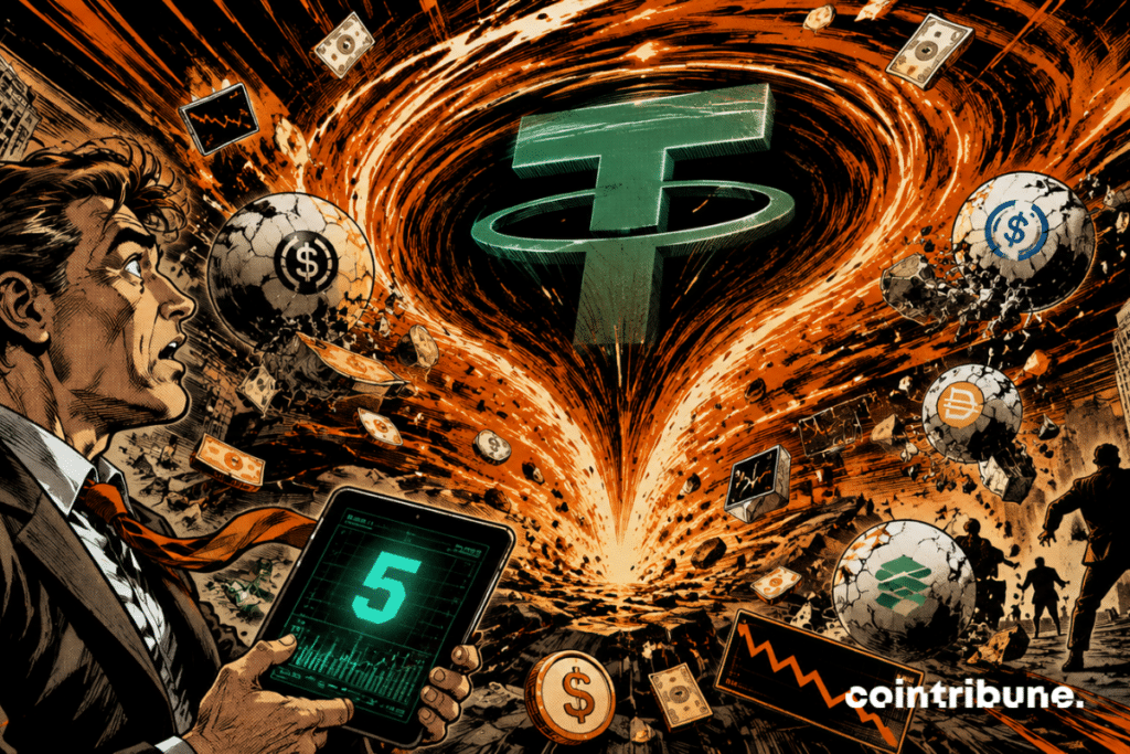 A giant financial vortex is sucking in rival stablecoins as USDT dominates Wall Street amid explosive, retro-comic-style chaos.