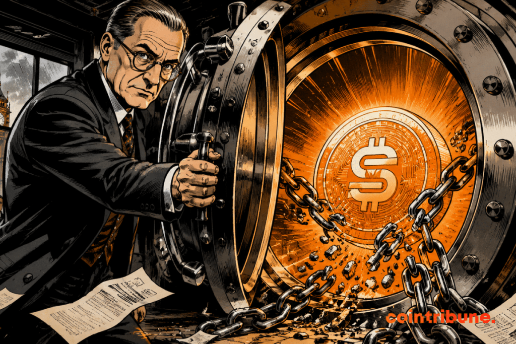 Le gouverneur britannique ouvre un coffre monumental, libérant un stablecoin lumineux tandis que chaînes brisées et regards surpris envahissent Londres.