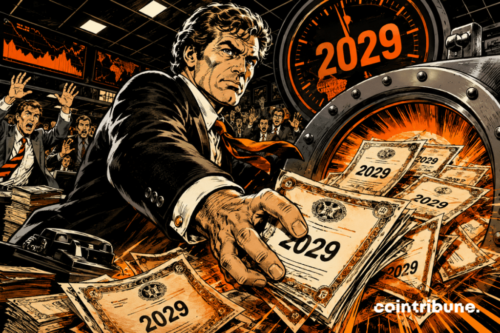 Dirigeant de Strategy financier récupérant agressivement des obligations 2029 dans un coffre incandescent de Bitcoin, sous tension dramatique, au cœur d’une salle de marché chaotique.