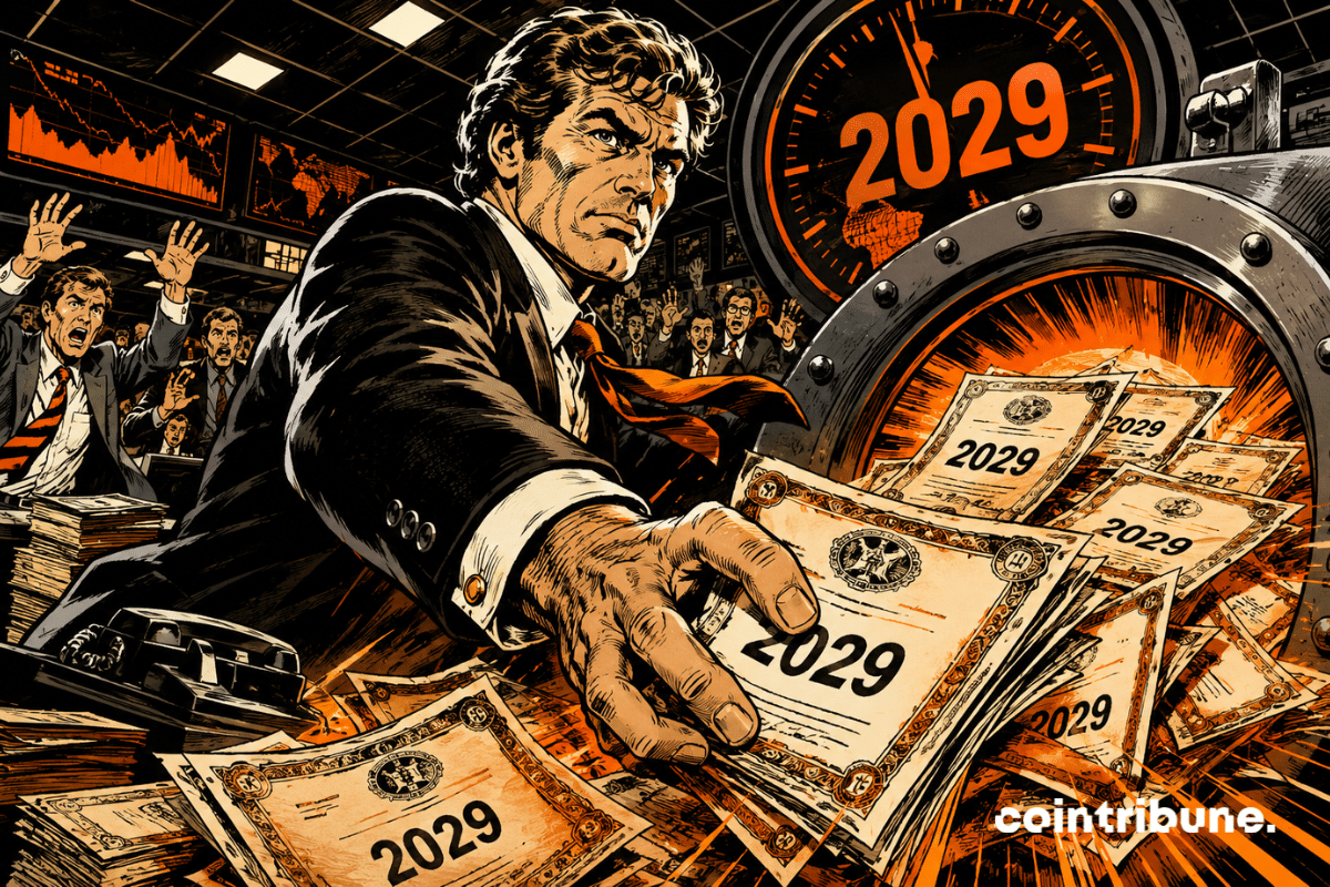 A financial strategist aggressively redeeming 2029 bonds from a red-hot Bitcoin vault, amid dramatic tension, in the heart of a chaotic trading floor.