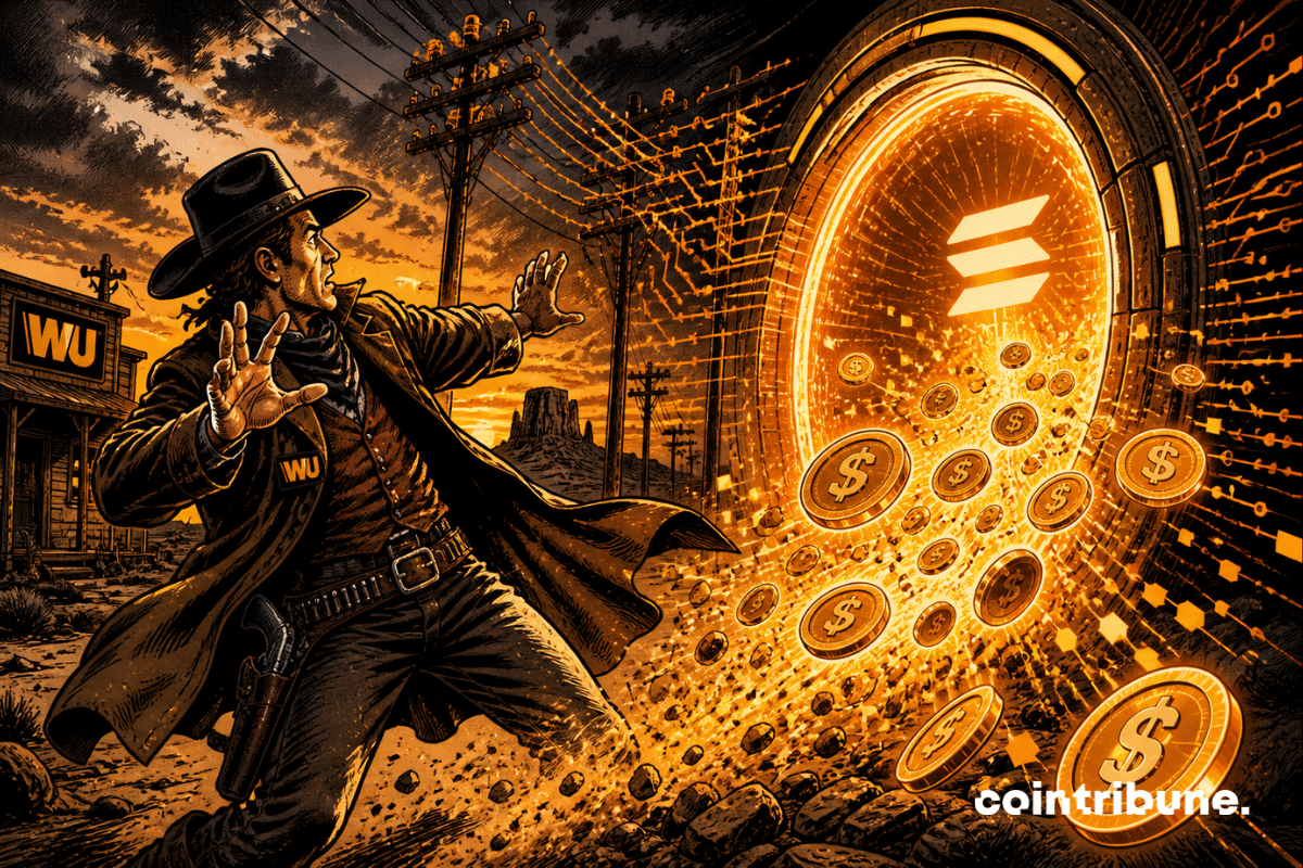 Illustration of Western Union facing a Solana portal, with dollar coins symbolizing the launch of its USDPT stablecoin.