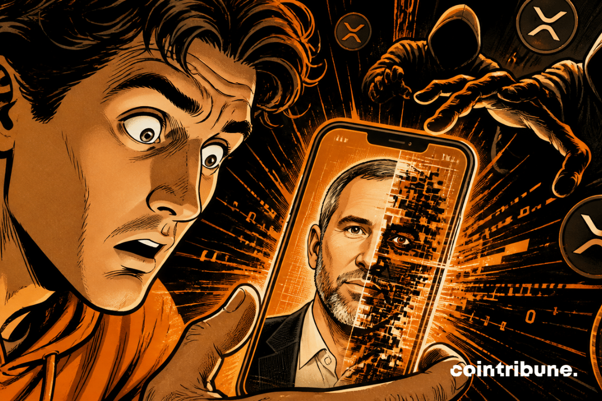 Un investisseur choqué découvre sur son smartphone un faux visage généré par IA, tandis que des silhouettes sombres manipulent l’ombre du réseau XRP.