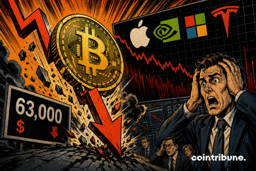 Un bitcoin chute avec les marchés tech tandis que des investisseurs paniquent devant des graphiques en baisse.