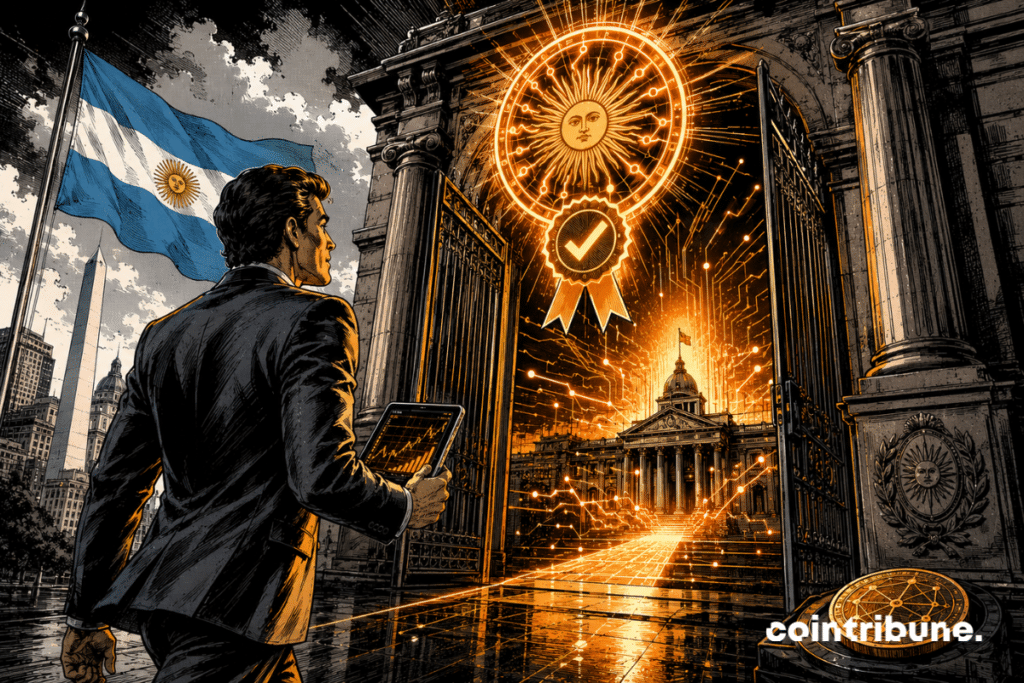 A crypto executive approaches a glowing regulatory gateway in Argentina, framed by the national flag and digital finance symbols.