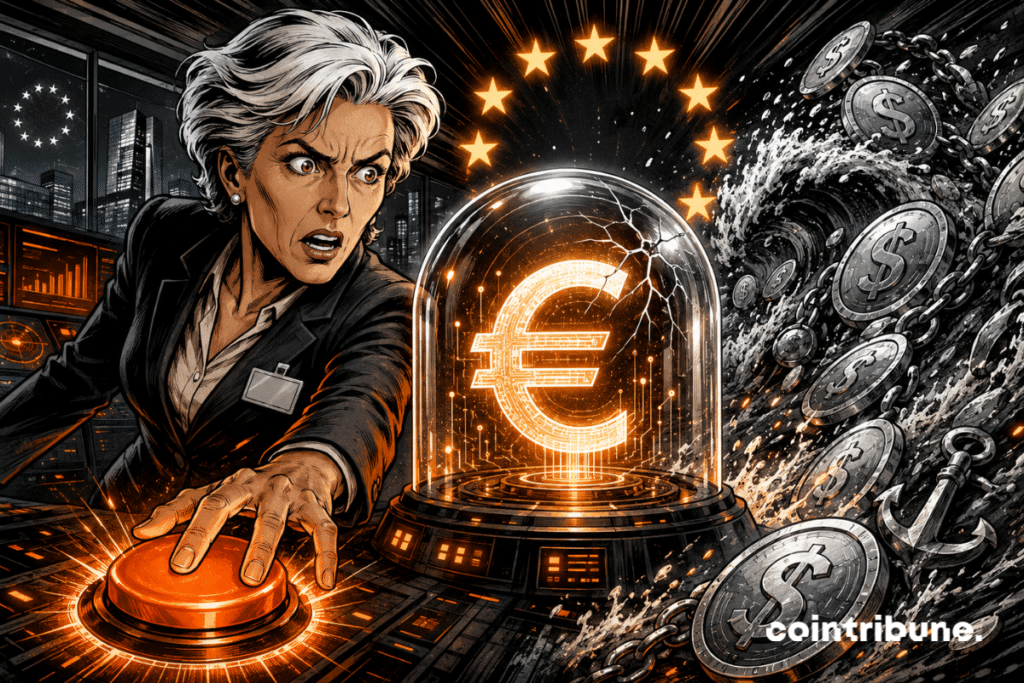 Comic-style illustration of a central banker pressing an alarm to protect a digital euro under a glass dome, threatened by a wave of stablecoins.