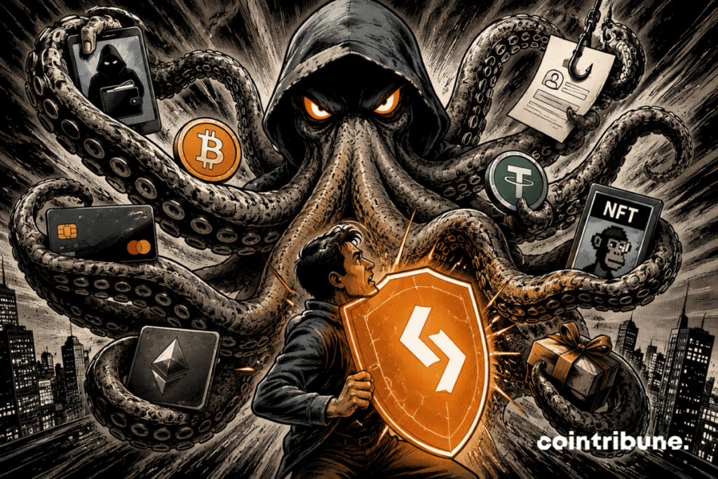 A gigantic octopus representing multi-asset fraud attacks various digital assets, while a user stands firm behind enhanced protection.