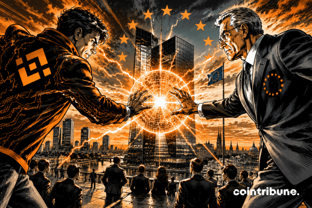 Illustration représentant un affrontement symbolique entre Binance et la BCE, sur fond d'étoiles de l'Union européenne, illustrant les tensions autour de la réglementation des crypto-actifs et de l'avenir du système financier européen.